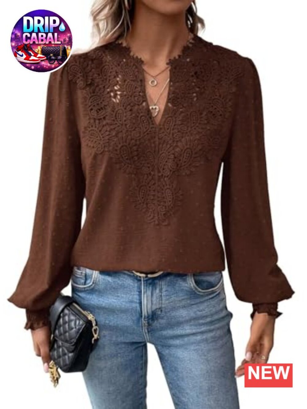 Falechay Women's Long Sleeve Boho Lace Crochet V-Neck Blouse